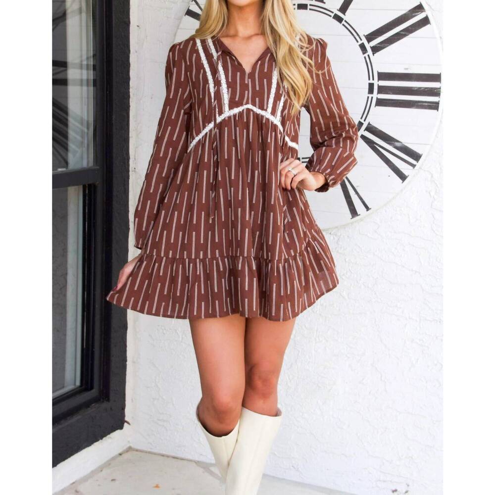 NEW DAY + MOON baruch long sleeve dress in brown/ivory